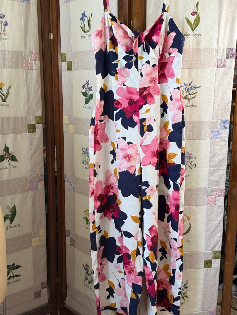 Old Navy Floral Linen Blend Jumpsuit Medium Wide Leg Tie Front Smocked Back